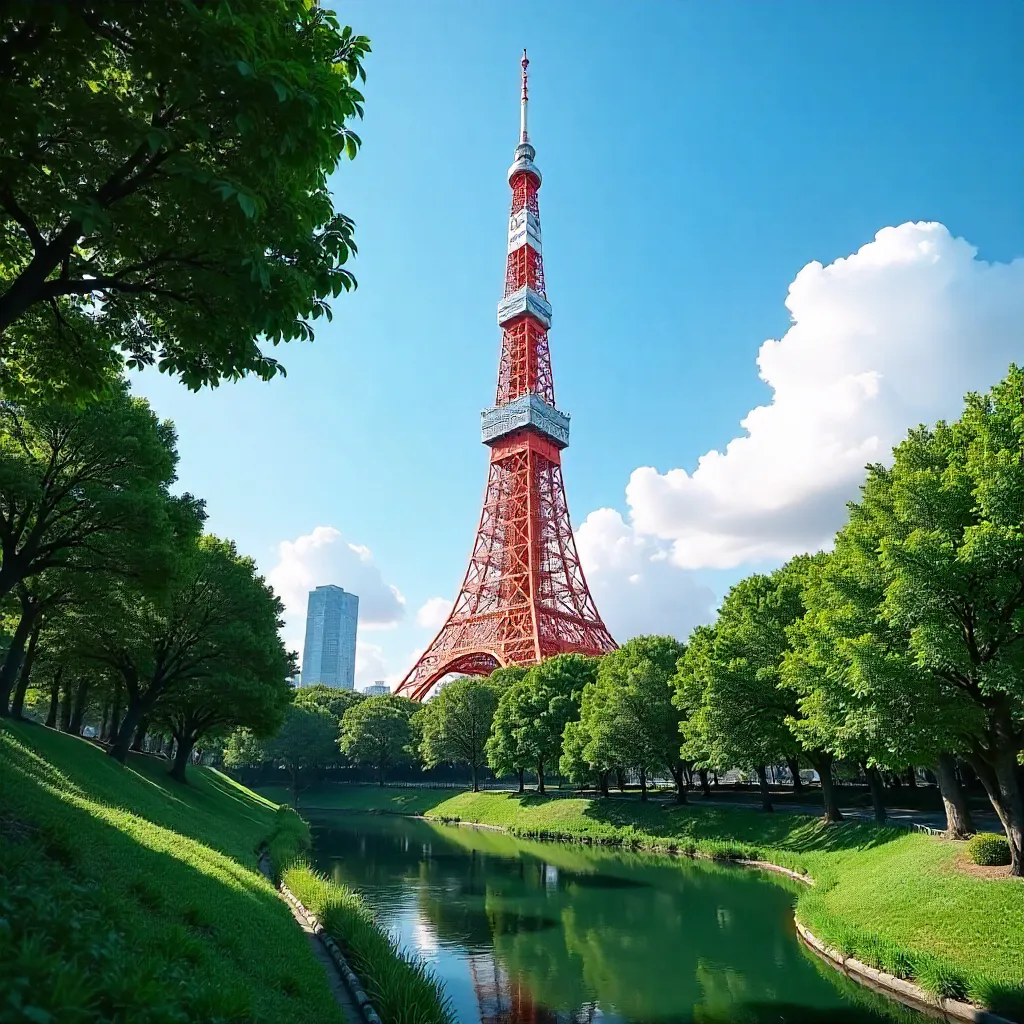 Tokyo Tower Amid Lush Greenery in Minato City