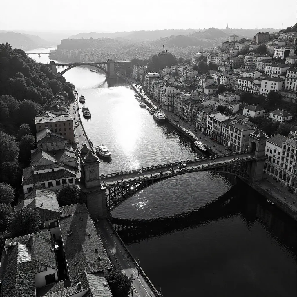 Monochrome Aerial: Porto's Douro and Dom Luís I Bridge