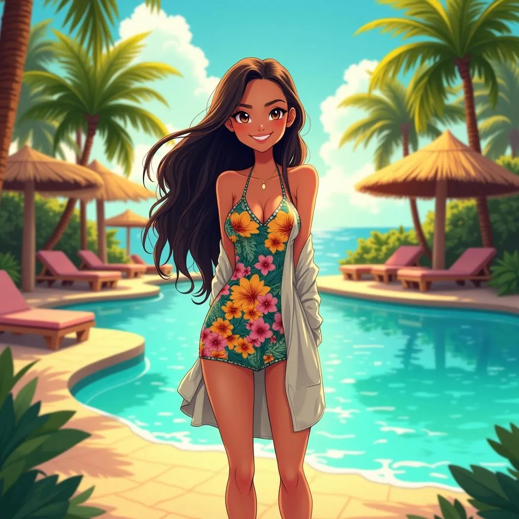 Cheerful Latina at a tropical resort (anime)