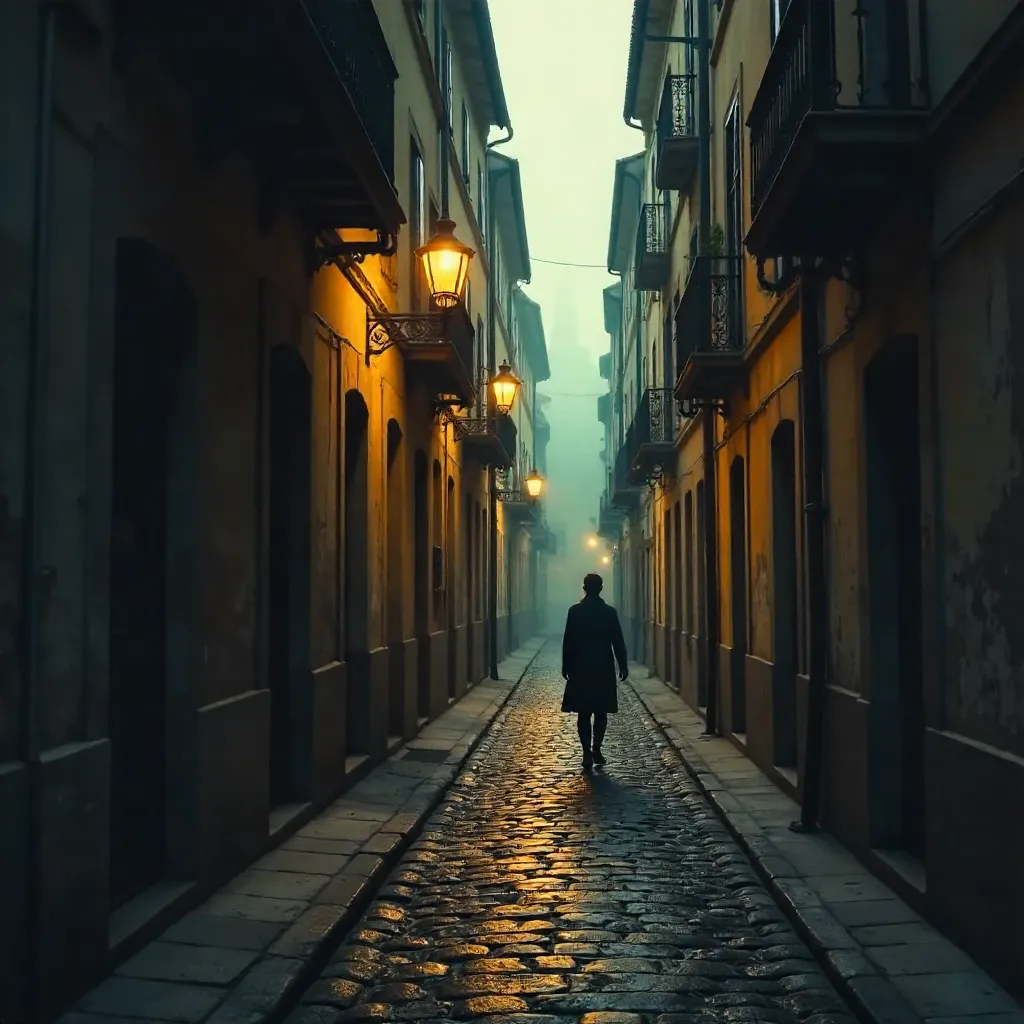 Silhouette in a Narrow European Cobblestone Alley