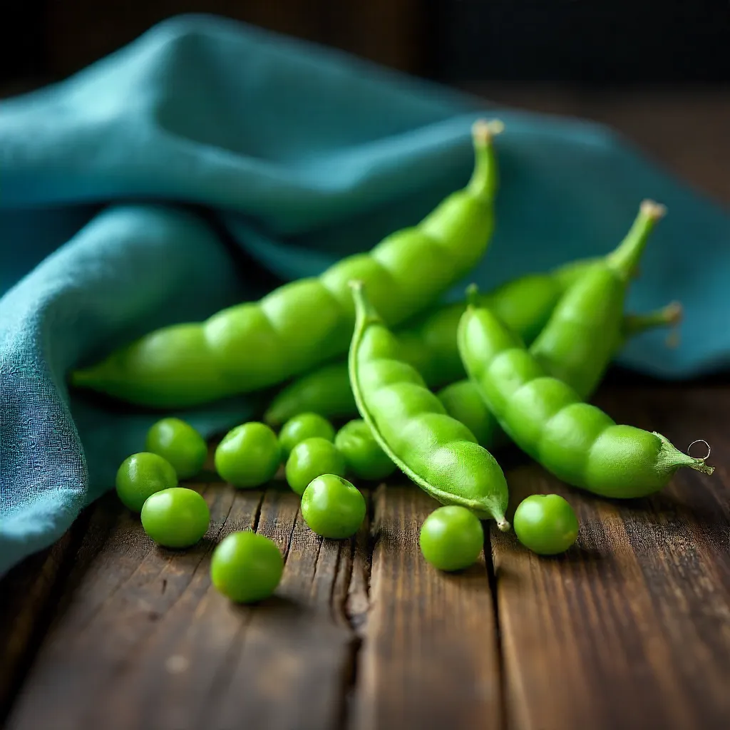 Green peas and blue cloth on rustic wood