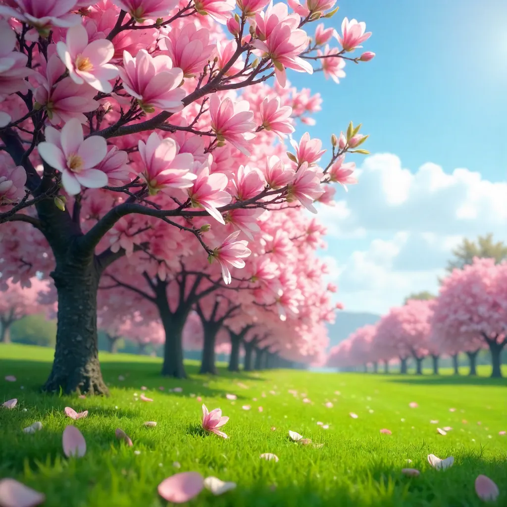 Magnolias in Bloom under a Bright Blue Spring Sky