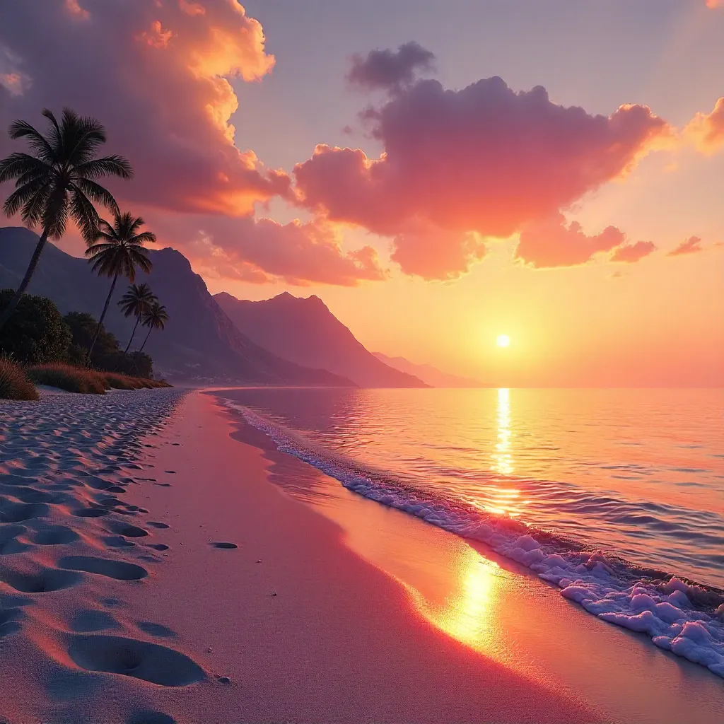 Sunset Over Serene Beach and Distant Mountains
