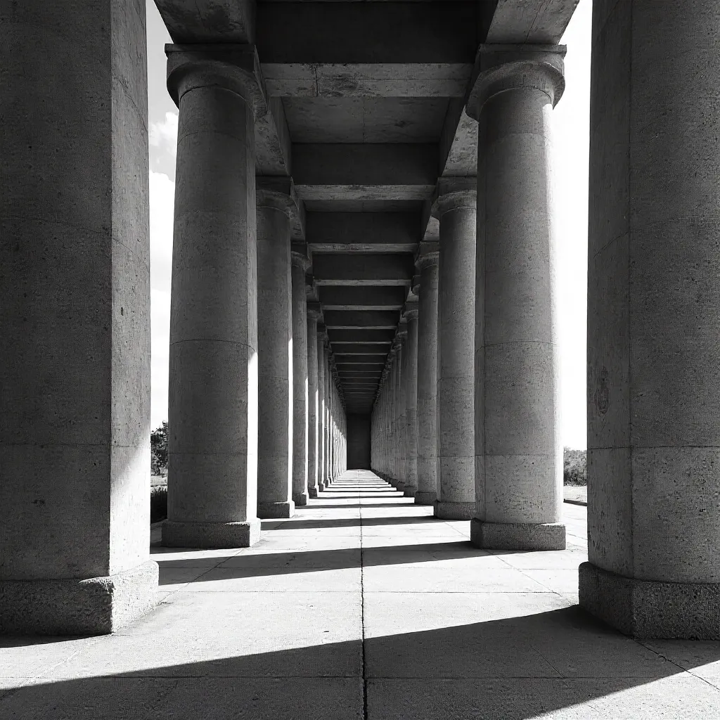 Symmetrical Concrete Columns: Low-Angle Monochrome