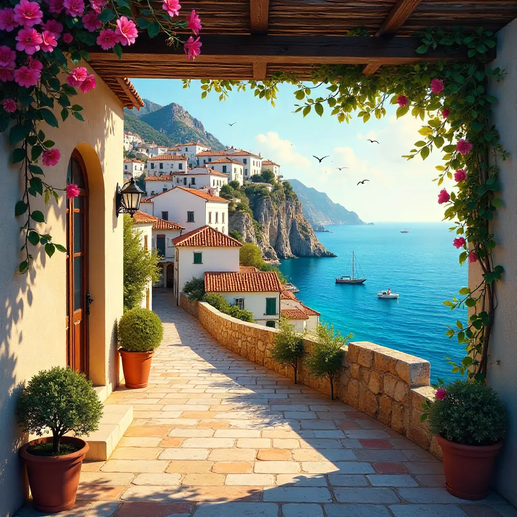 Seaside Mediterranean Village: Rooftops, Sea View, Terrace