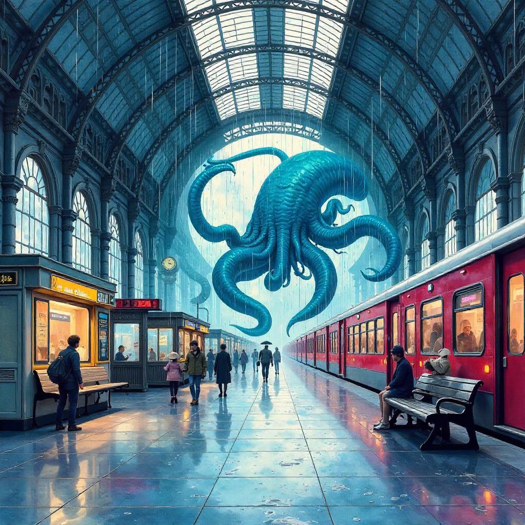 Watercolor Kraken in a Bustling Train Station