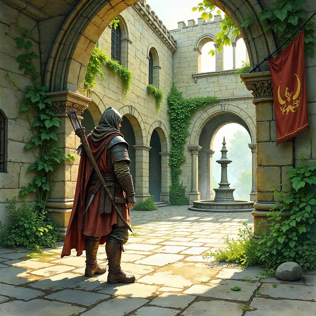 Watercolor Ranger in a Castle Courtyard