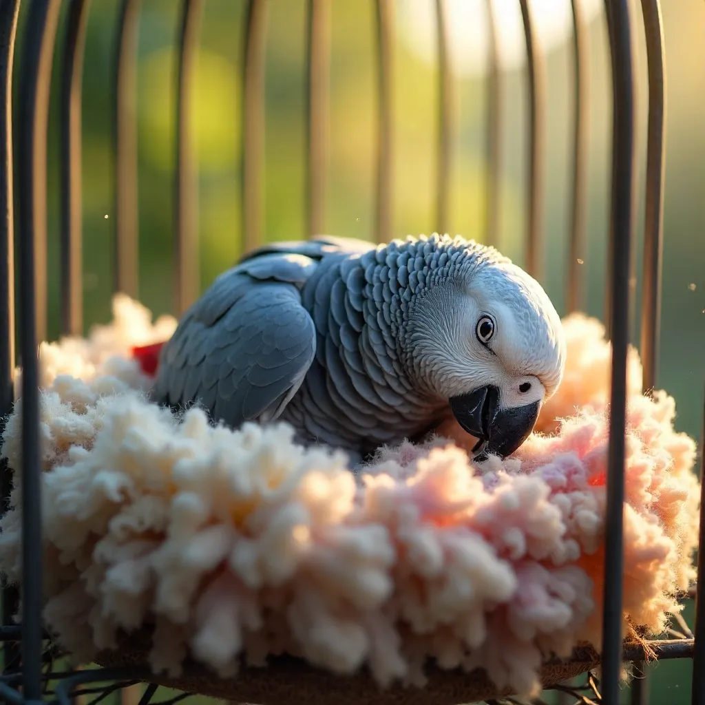 Peaceful African Grey Parrot Sleeping in a Fiber-Bed Birdcage