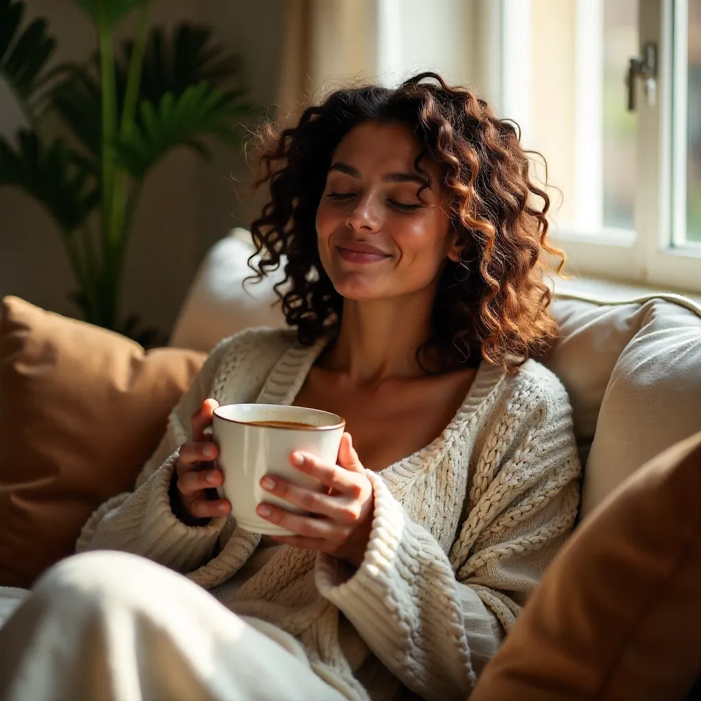 Cozy Curly-Haired Woman Savoring Coffee Indoors