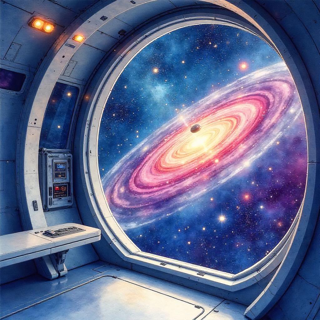 Watercolor Galaxy View from a Spaceship Window