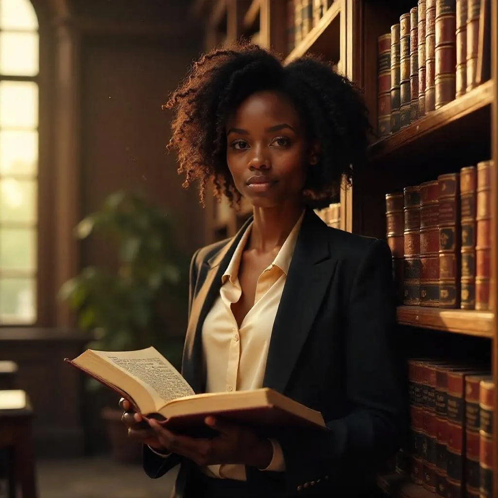 Photorealistic Portrait: Black Woman in a Library