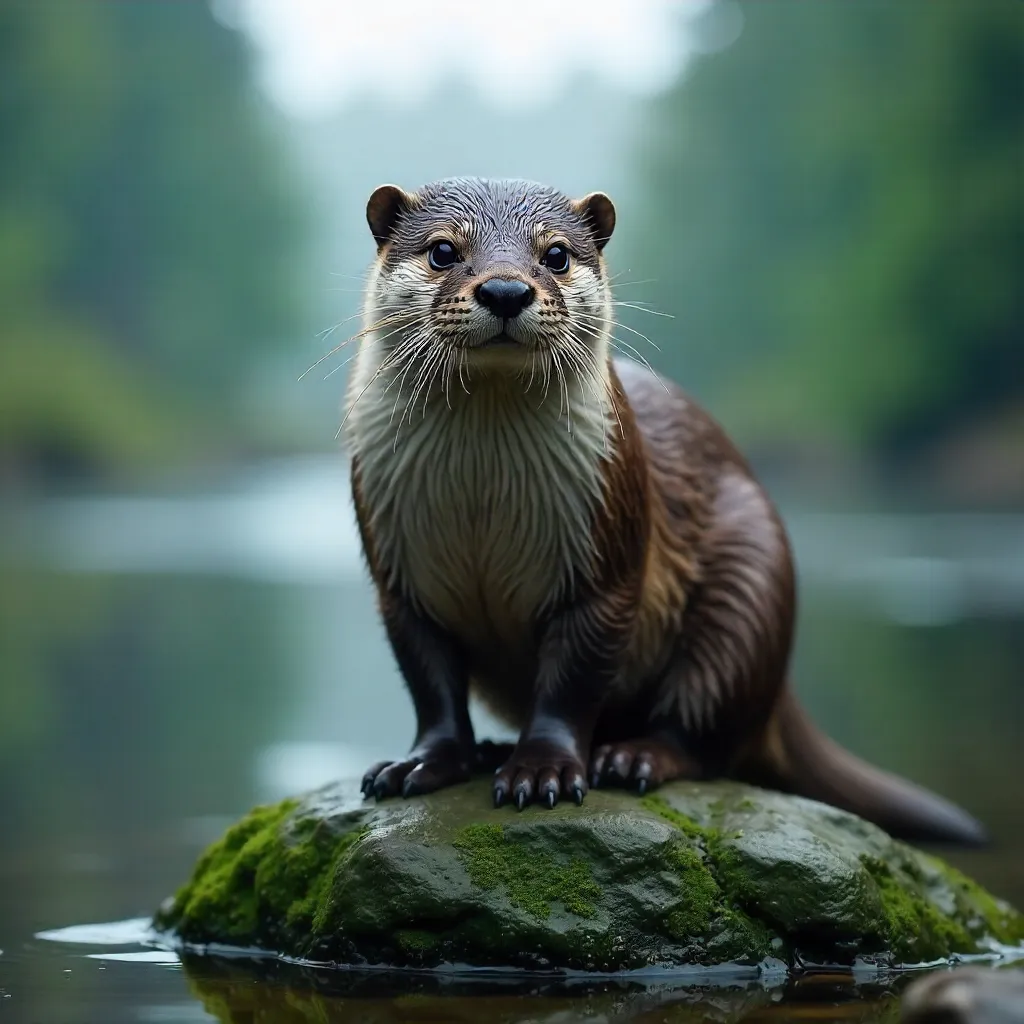 Close-up Otter on Mossy Swedish Rock at Dawn