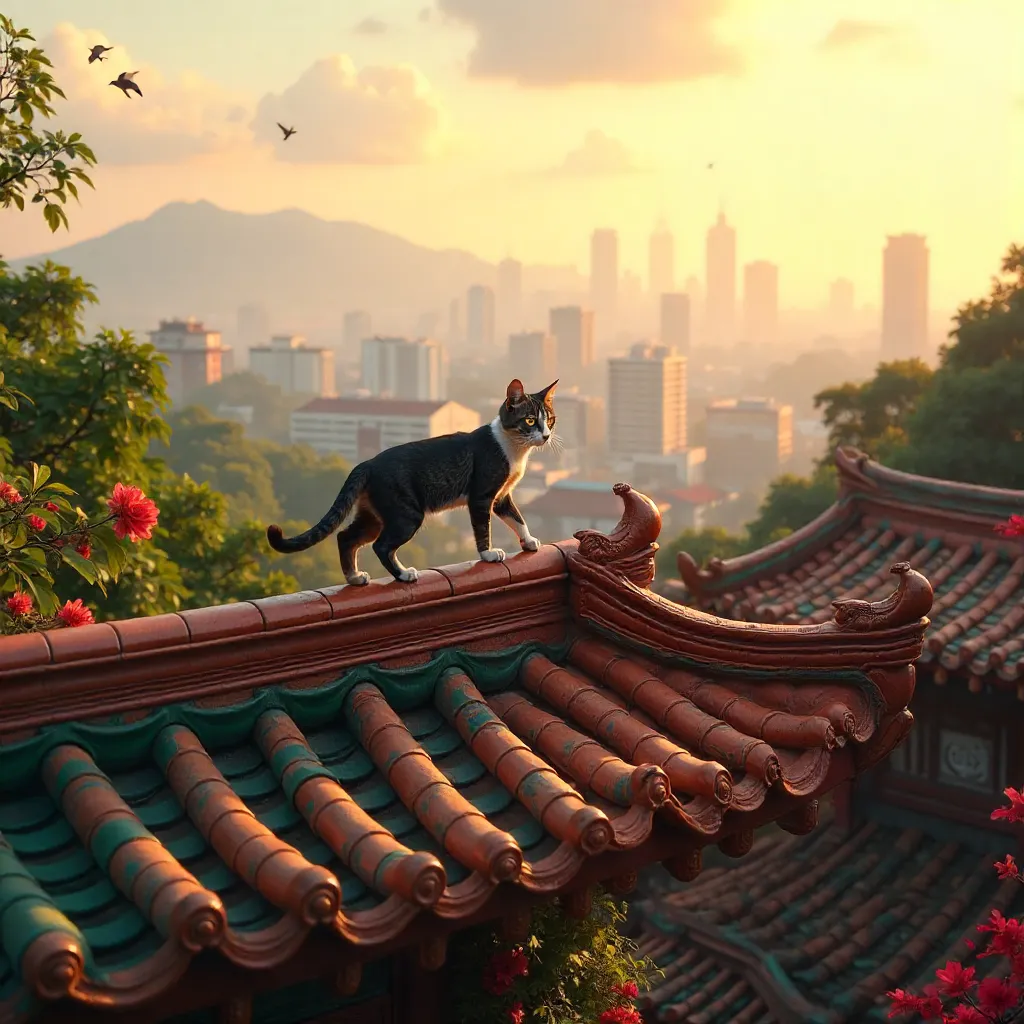 Cat on a Vibrant Taipei Temple Roof