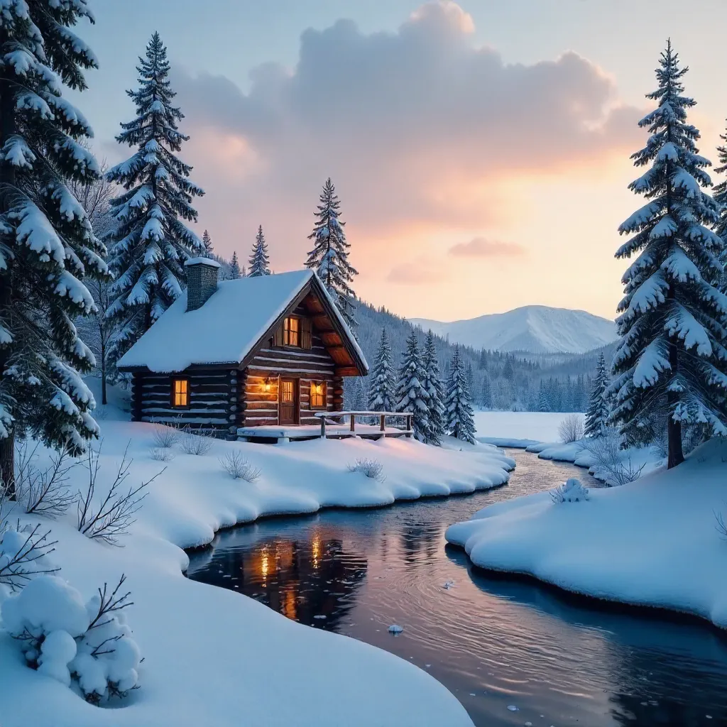 Serene Quebec Snowscape with Secluded Cabin at Dusk