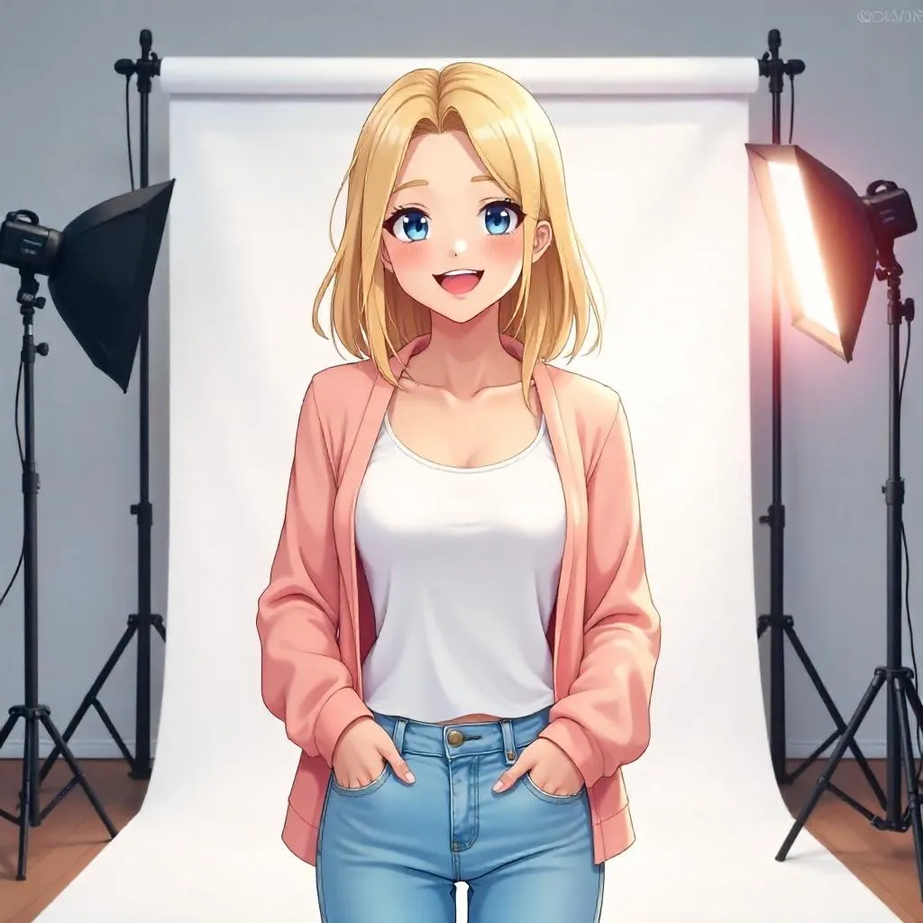 Cheerful Caucasian Anime Woman in a Studio