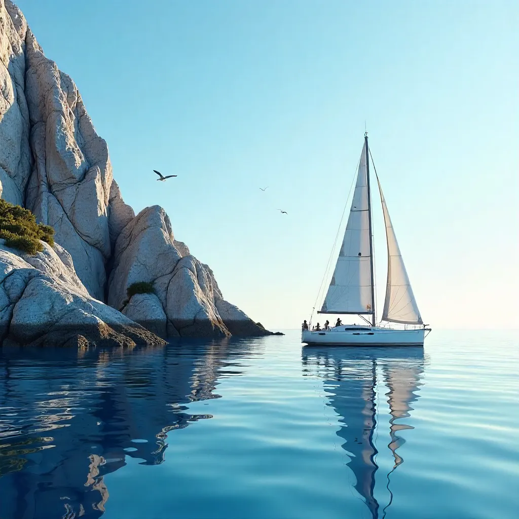 Tranquil Sailboat by a Rocky Shoreline