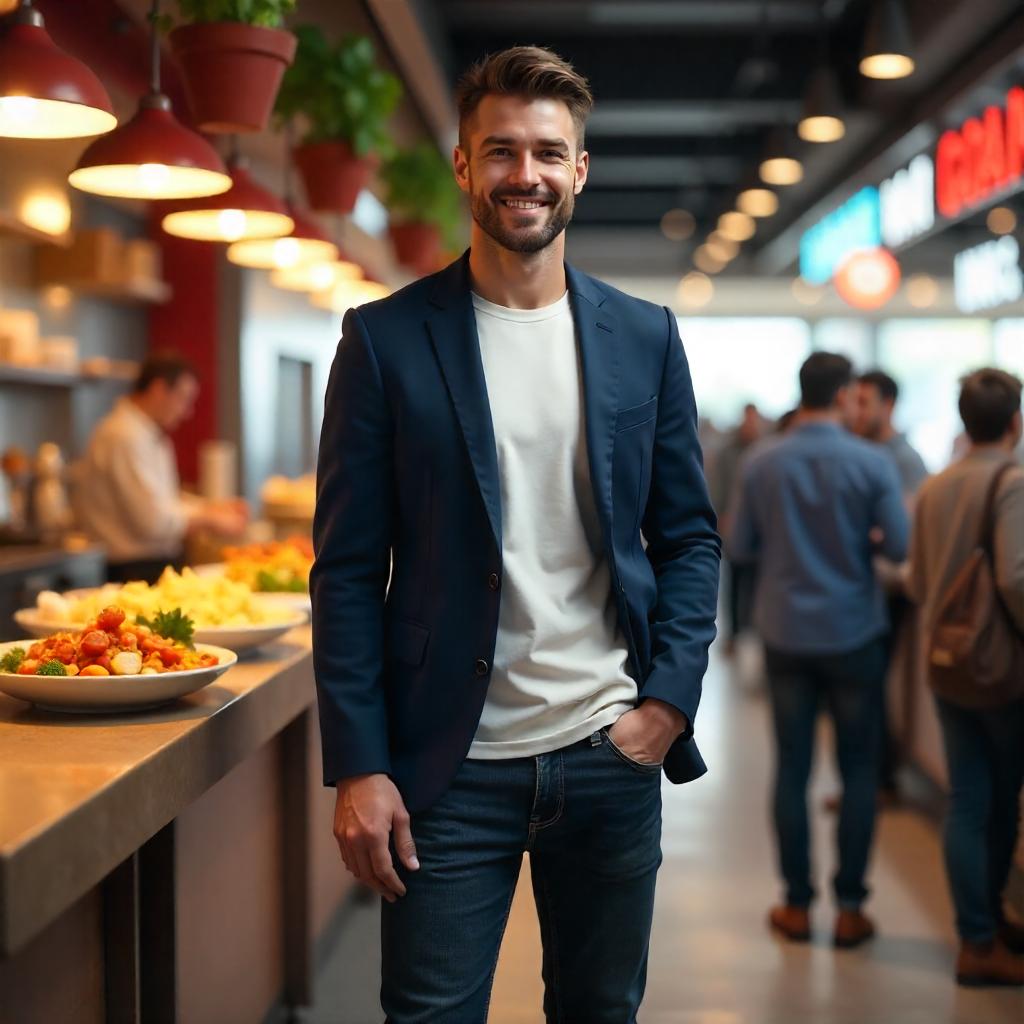 Handsome Man in a 3D-Rendered Food Court