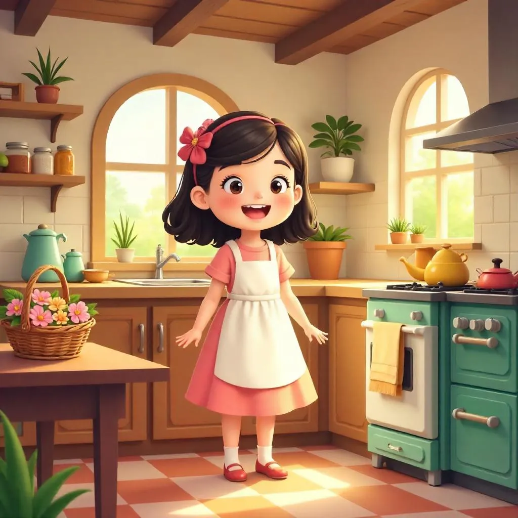 Cheerful Cartoon Girl in a Cozy Cottage