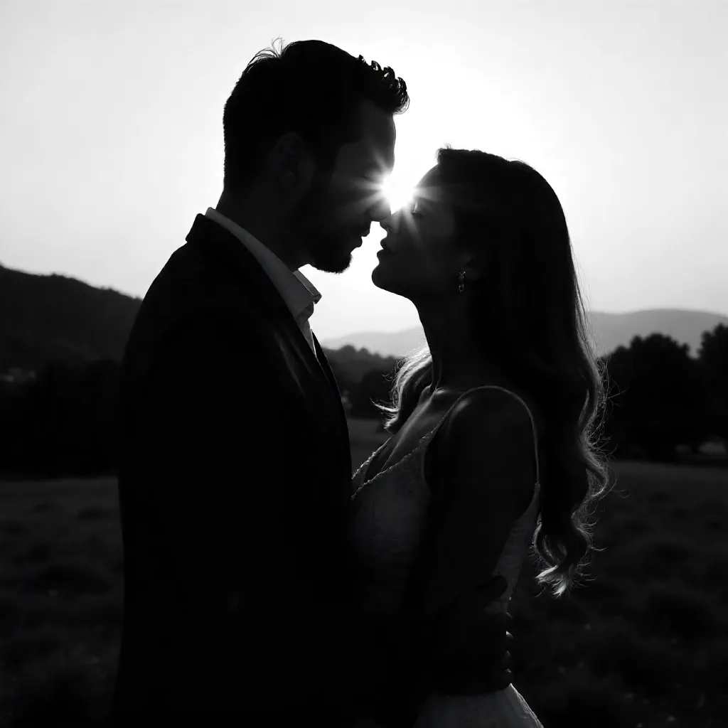 Romantic Outdoor Silhouette: Embrace and Kiss