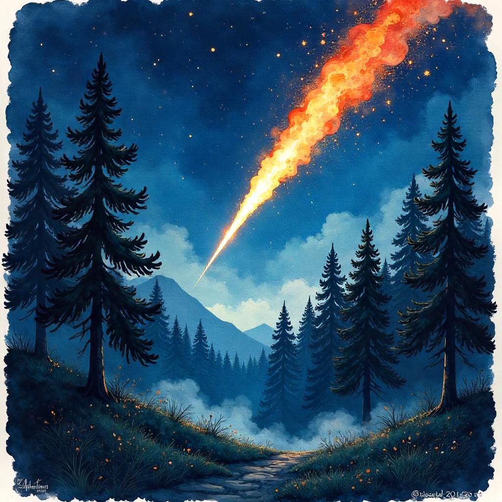 Meteor Across the Dark Forest in Watercolor