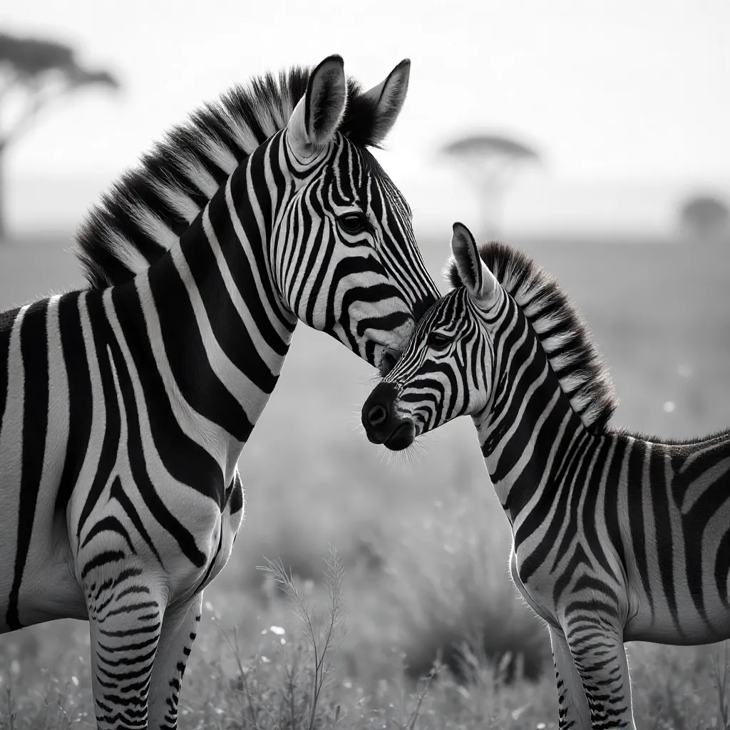 Tender monochrome zebra portrait with foal in savannah