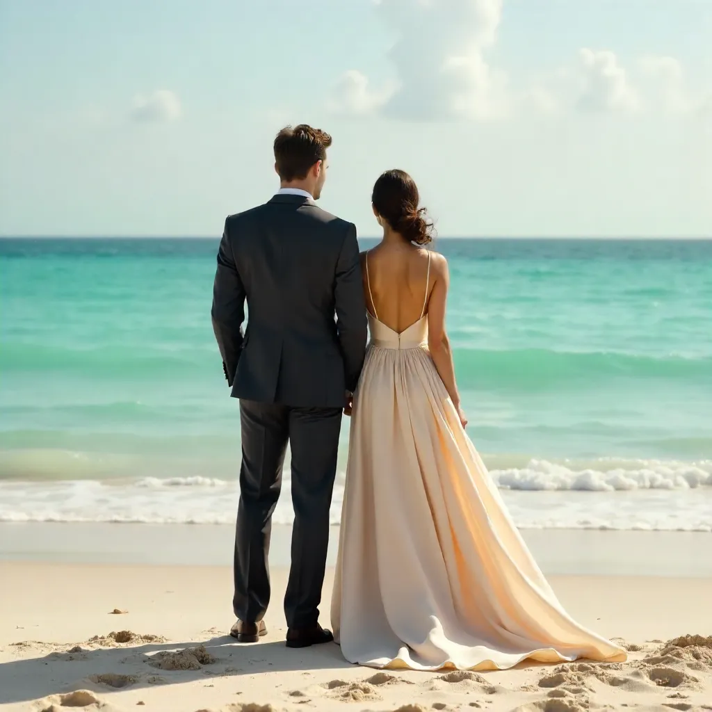 Elegant Couple Back-to-Back on a Serene Beach