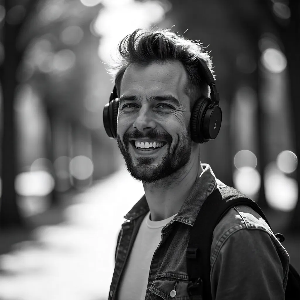 Black and White Outdoor Portrait: Man Smiling with Headphones