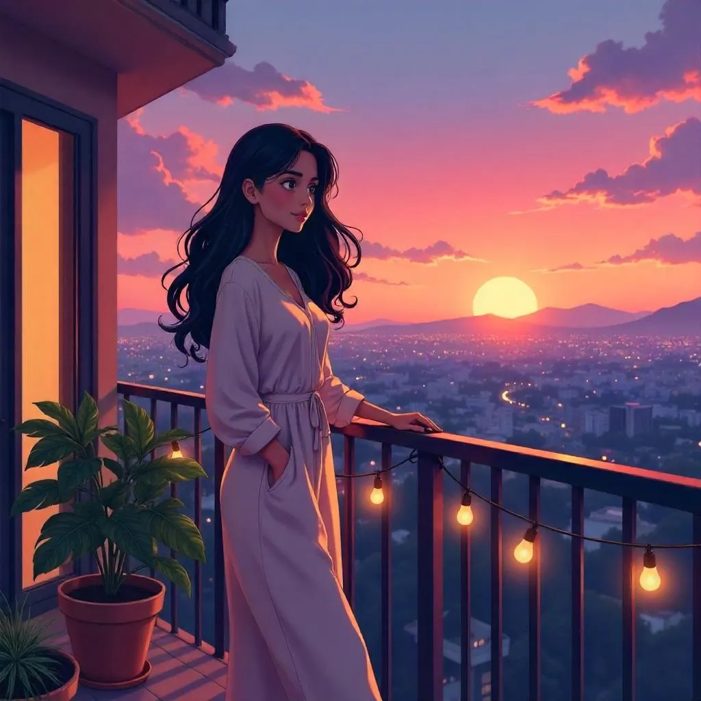 Anime Balcony Sunset: Young Middle Eastern Woman