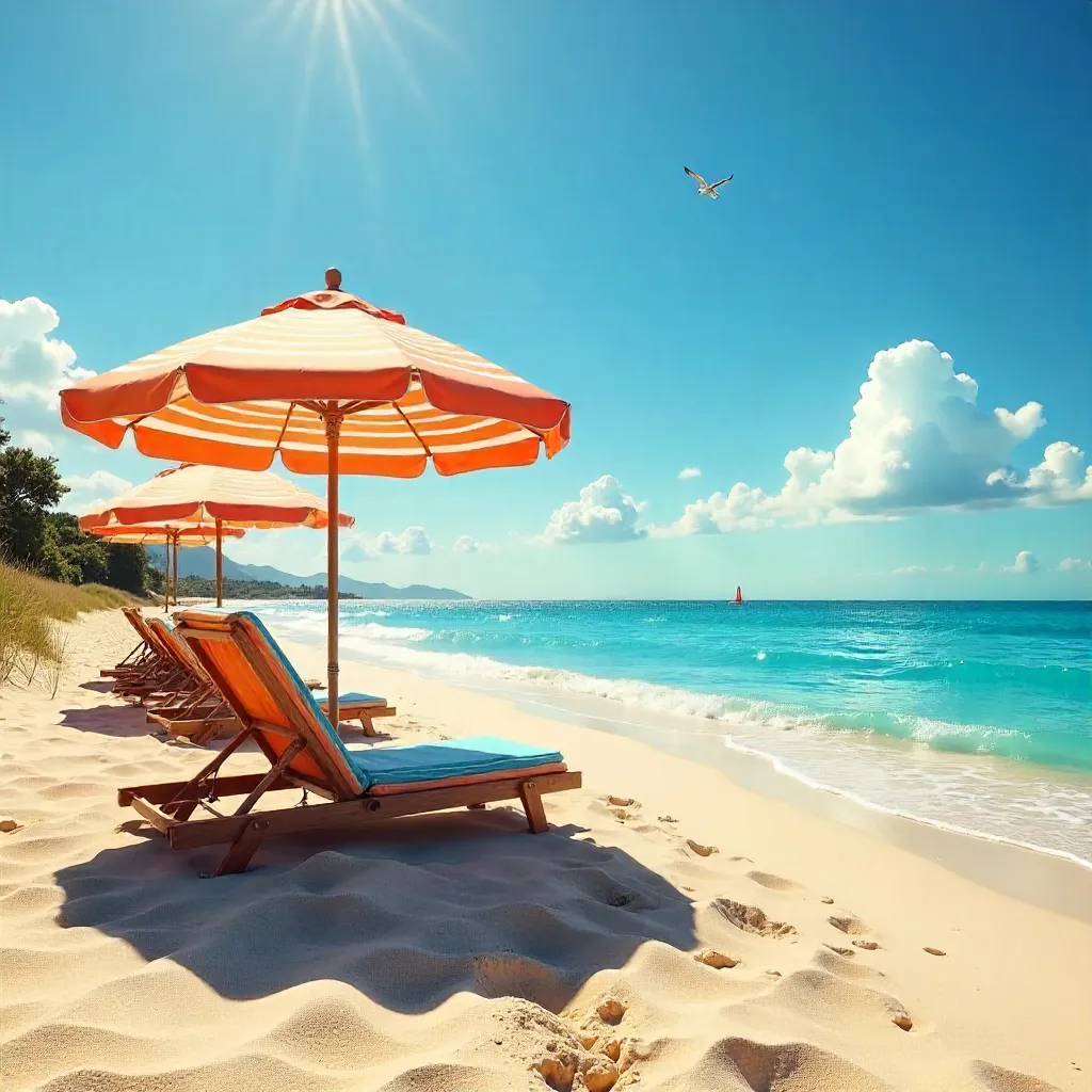 Tranquil Beach Scene with Umbrellas and Deck Chairs