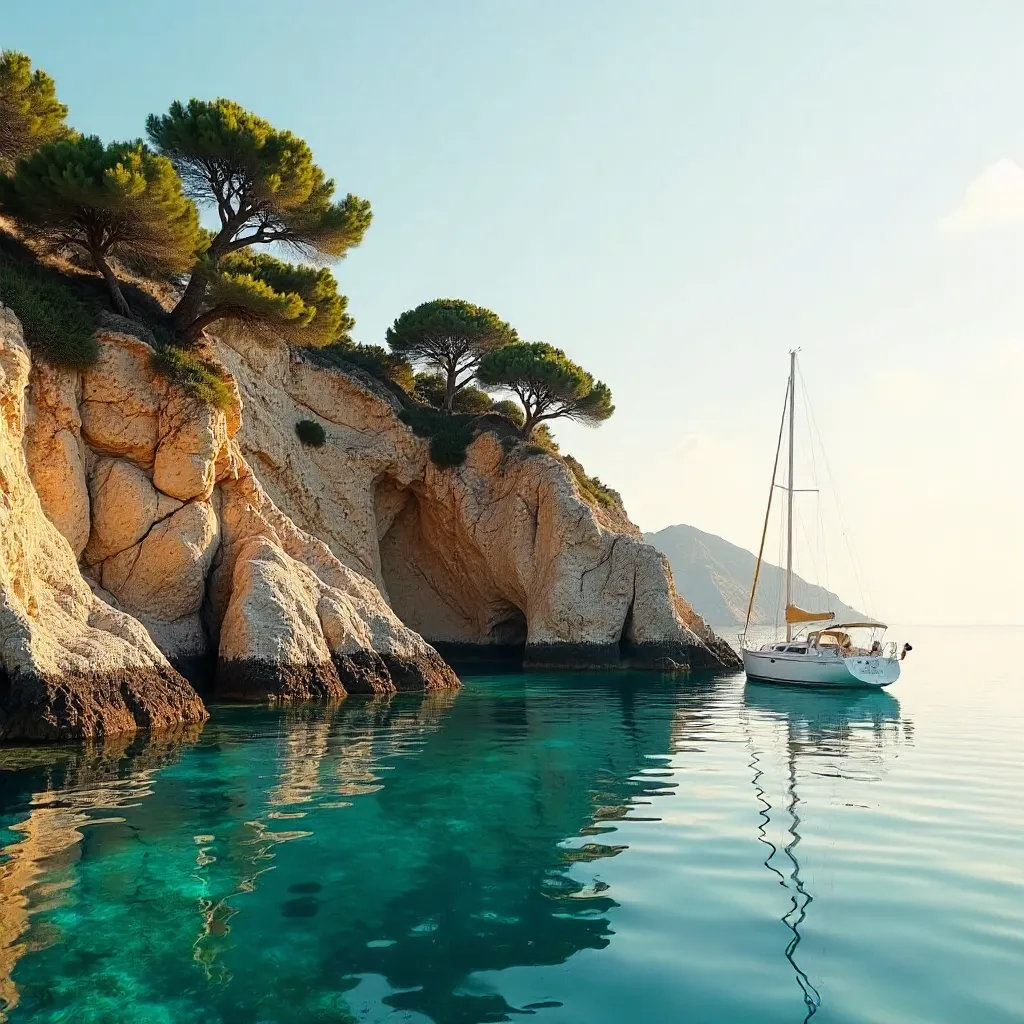 Serene Mallorca Sailboat by Rocky Cliffs at Golden Hour