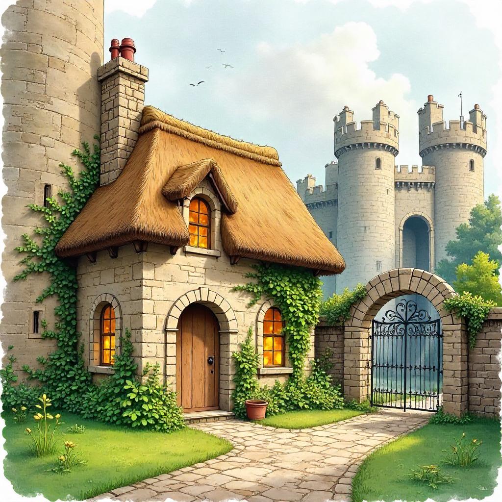 Watercolor Cottage Inside a Medieval Castle Courtyard