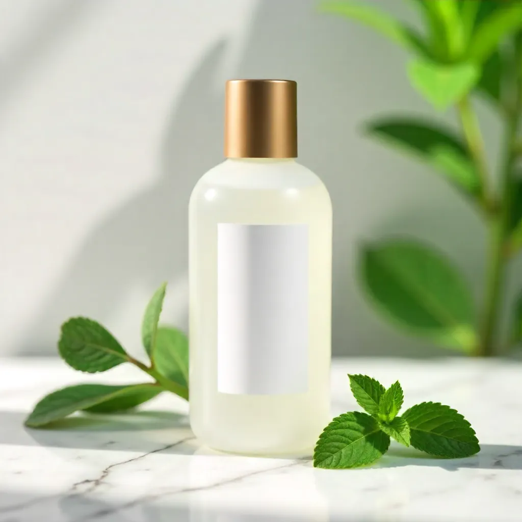 Elegant Lotion Bottle on Marble with Green Leaves