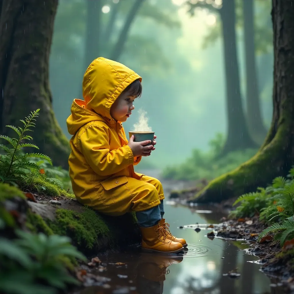 Forest Rain: Girl in Raincoat Sips Warm Cocoa
