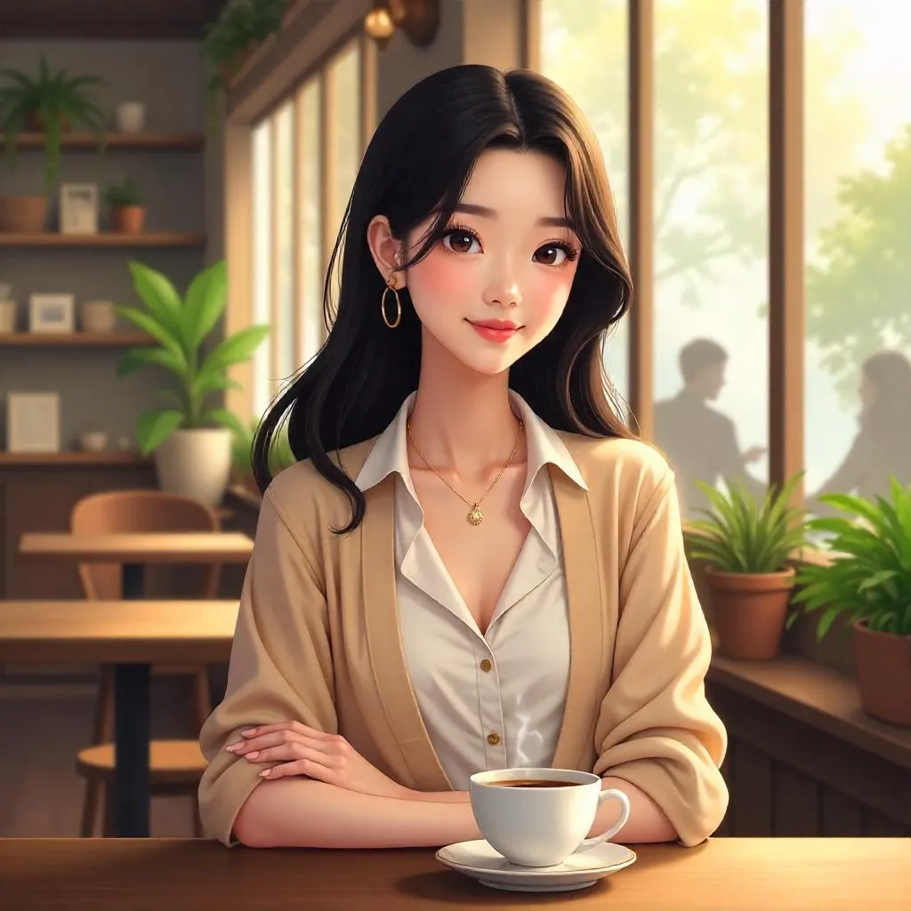 Elegant Asian Woman in a Cozy Café - Anime Style