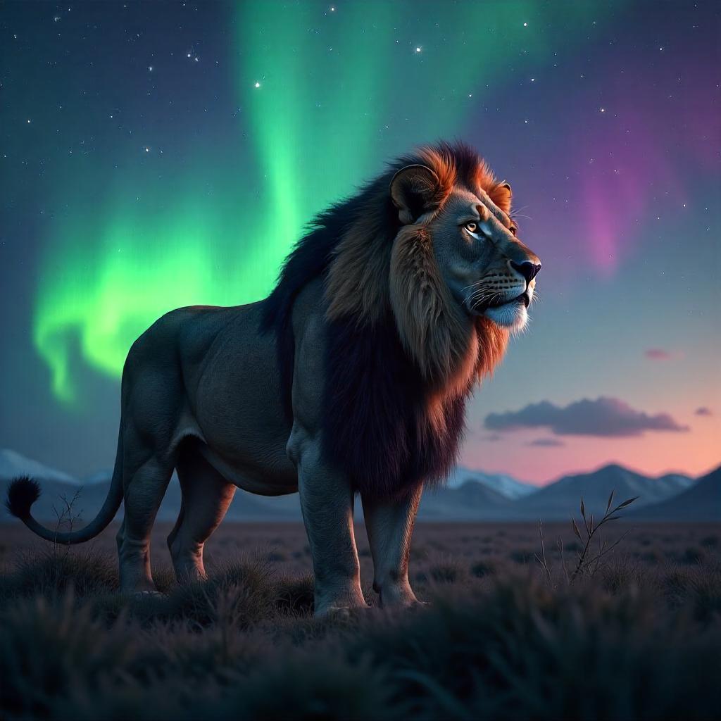 Majestic Lion in Aurora Fields - 3D Render