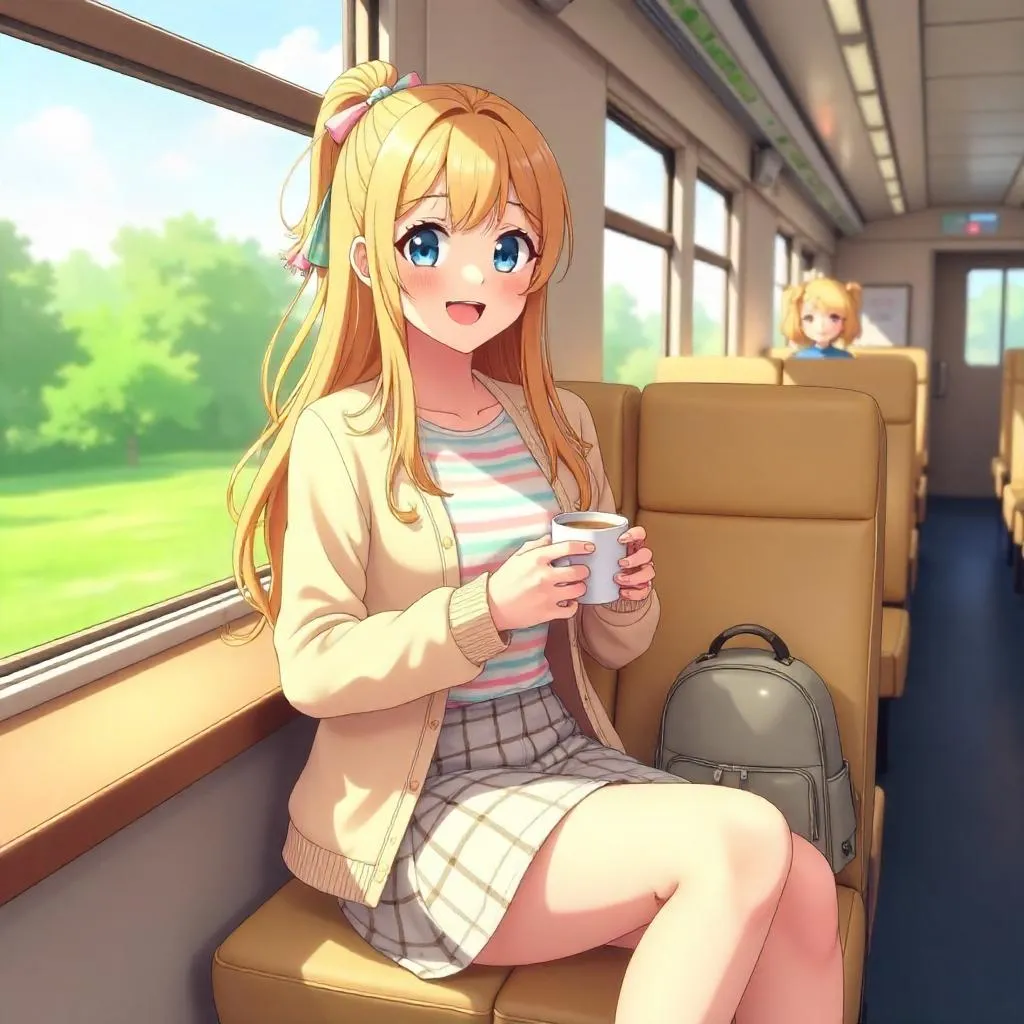 Cheerful Caucasian Anime Woman on a Sunlit Train