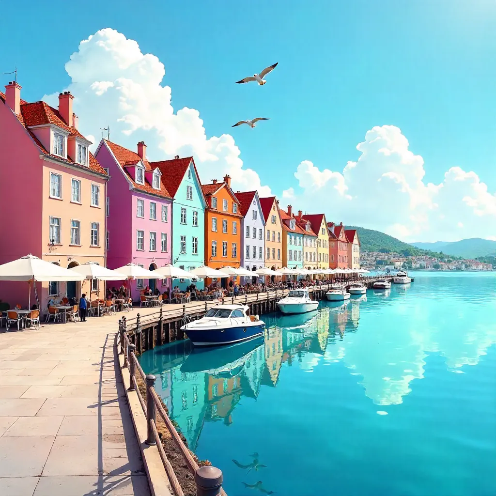 Pastel Waterfront Under a Bright Blue Sky