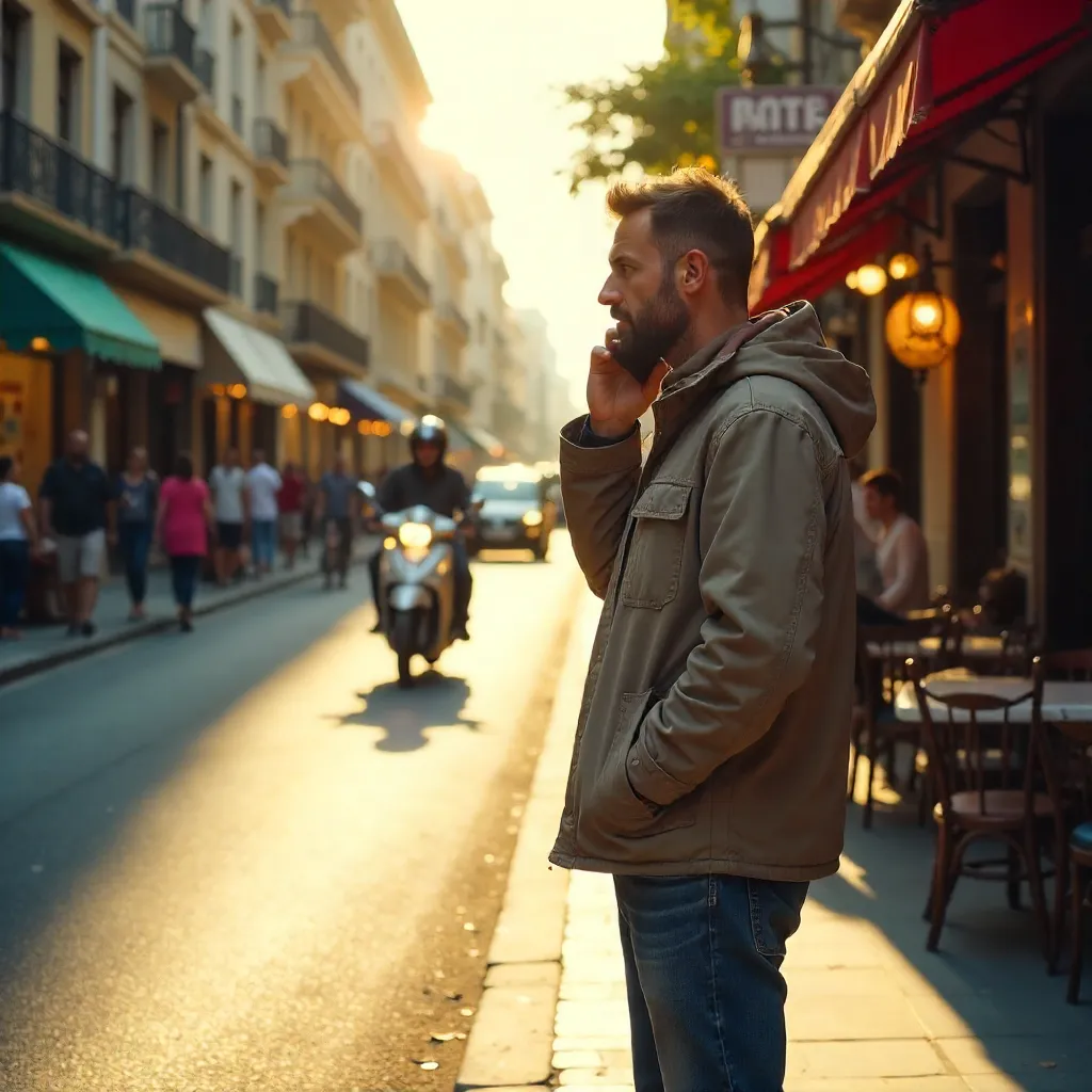 Sunlit Street Conversation: Man on the Phone