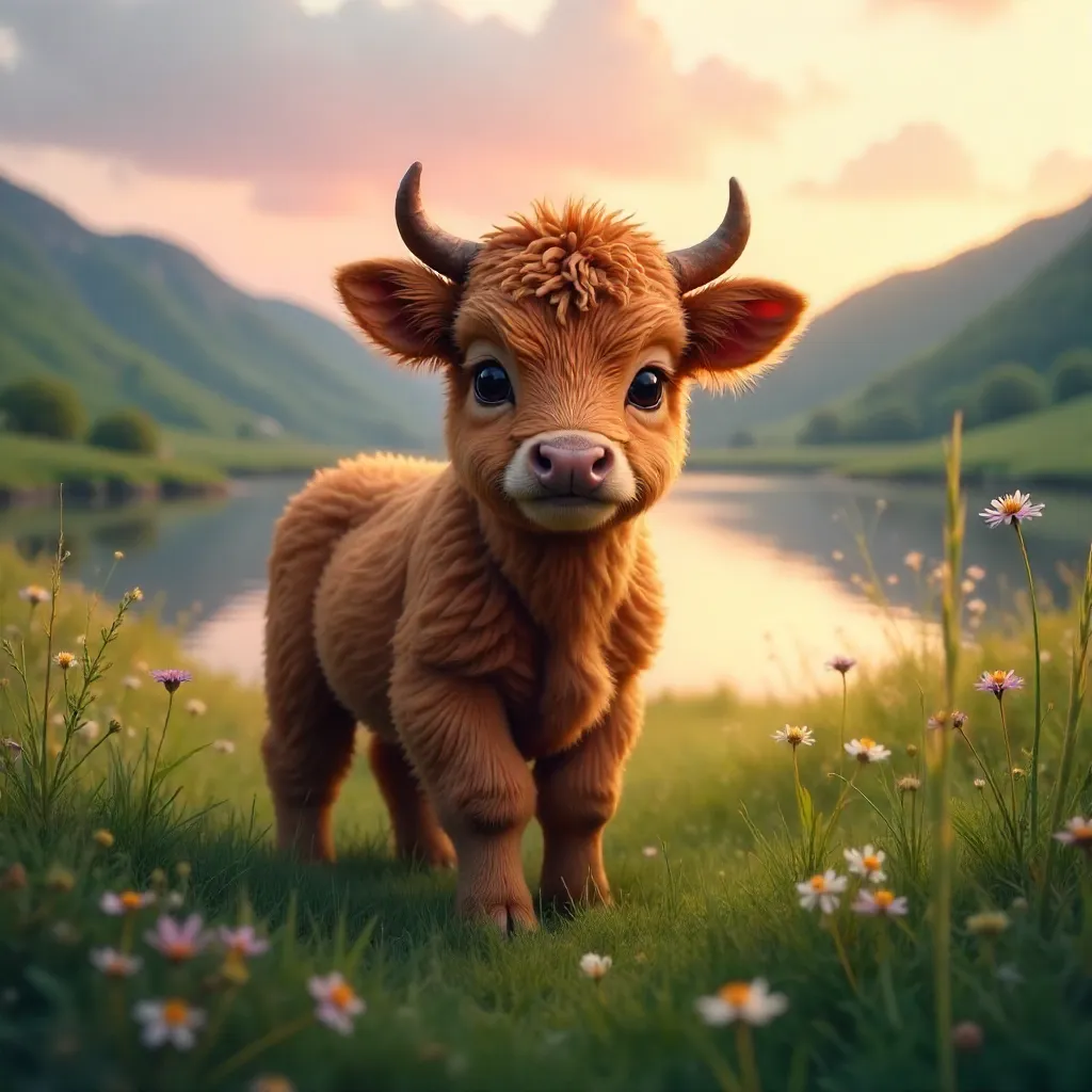 Adorable Highland Calf Standing in a Meadow by a Dusk Lake