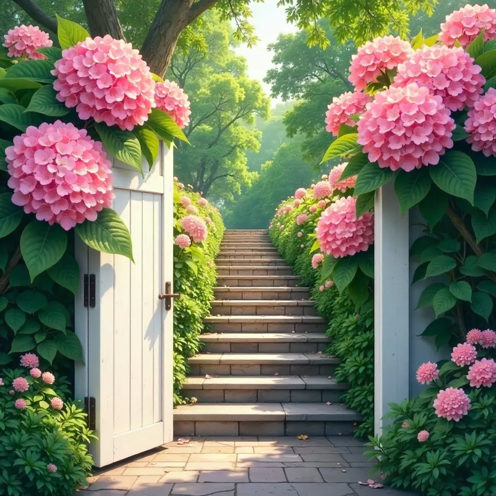 White Gate and Pink Hydrangea Staircase Garden