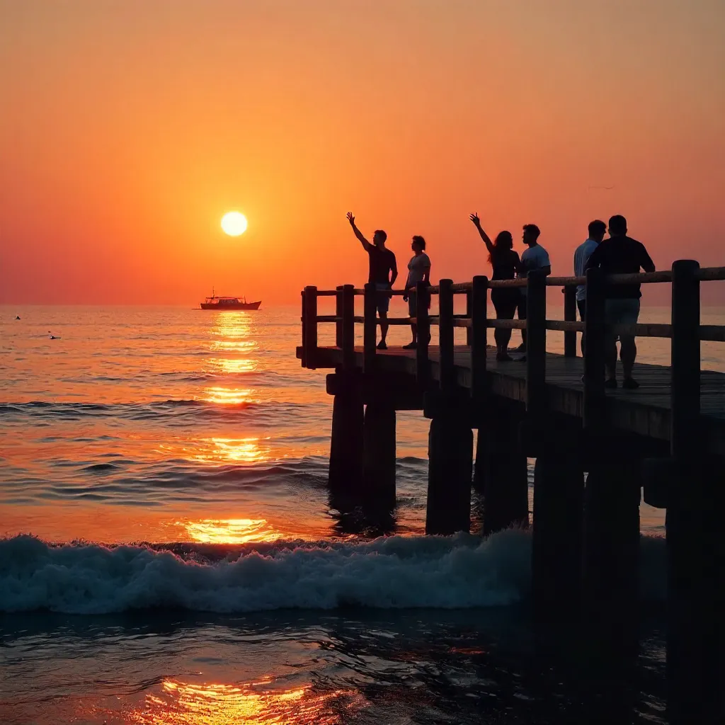 Silhouetted Friends on a Peaceful Seaside Pier