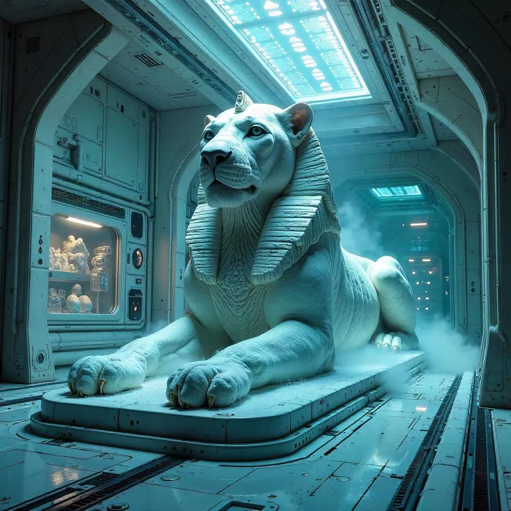 Cryogenic Sphinx Concept Art in a Frosted Chamber