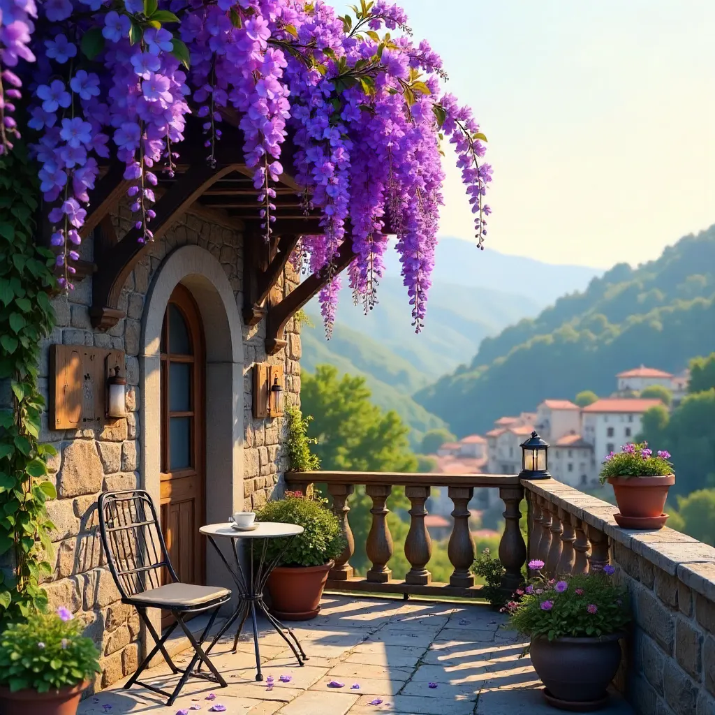 Wisteria Balcony on a Rustic Stone Building