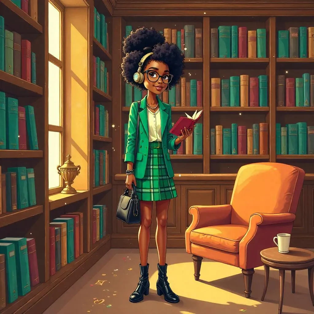Stylish Black Girl in a Cozy Library - Cartoon Style