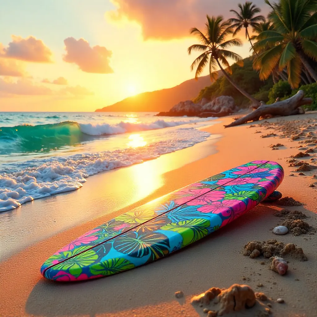 Vibrant Surfboard on a Sunset Beach