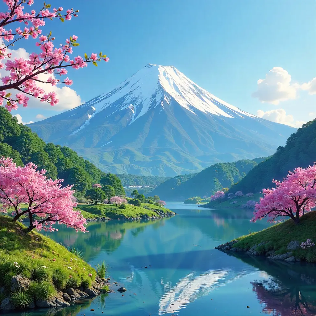 Springtime Fuji: Emerald Green Surroundings Under a Clear Blue Sky
