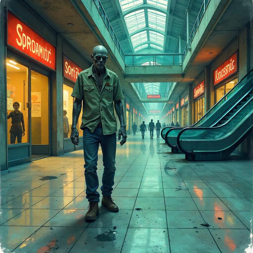 Watercolor Zombie in a Shopping Mall