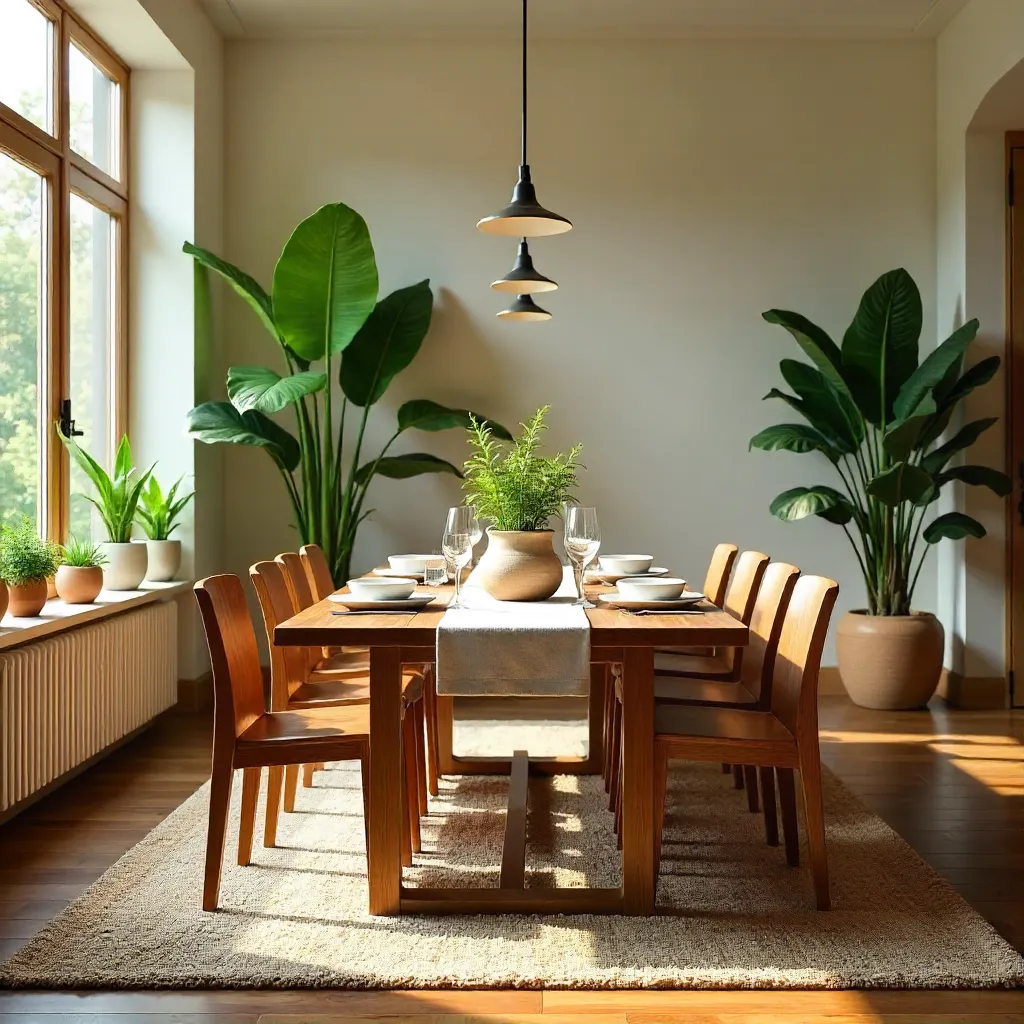 Inviting Dining Room: Wooden Table, Chairs, and Vibrant Plants