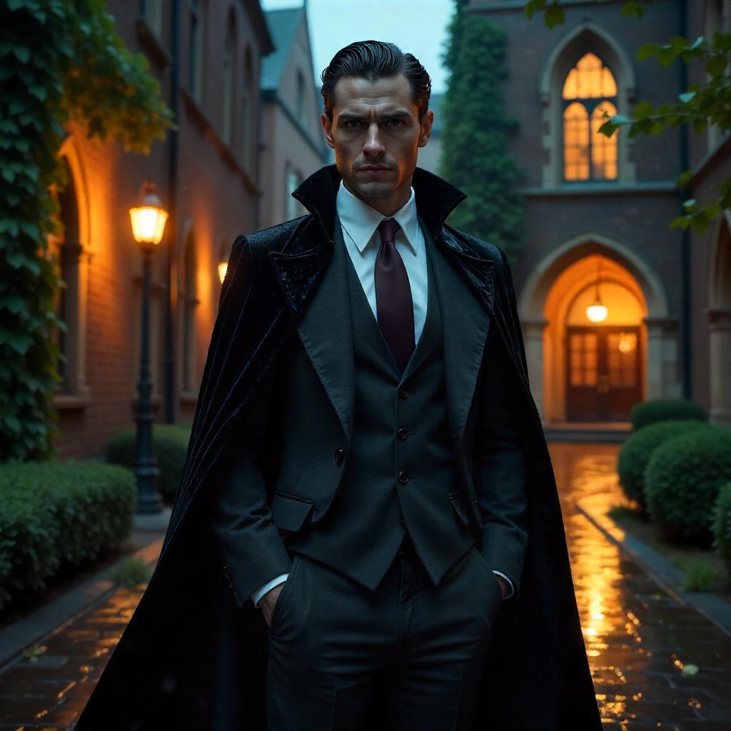 Photoreal Vampire in a University at Night