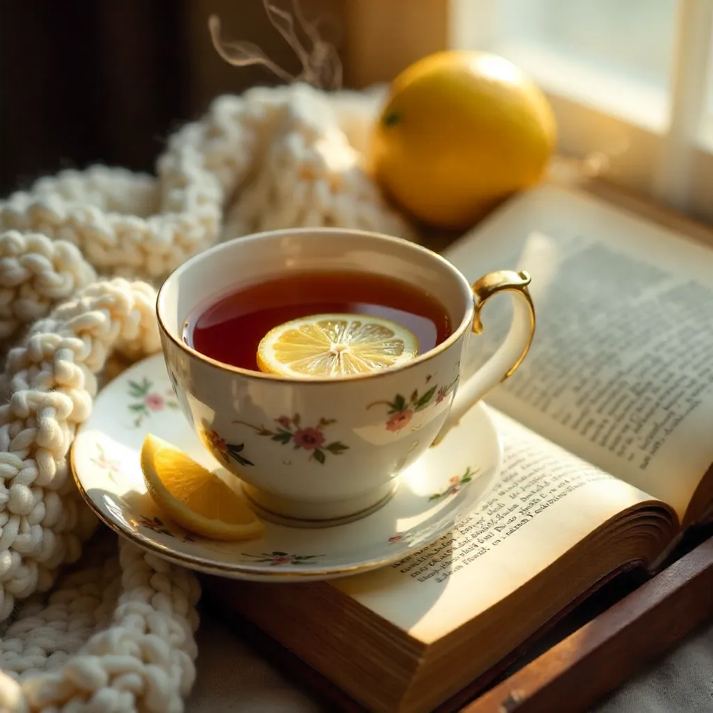 Cozy Lemon Tea on Vintage Pages atop Knit Blanket